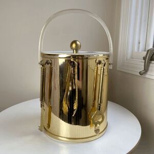 Vintage 1970s Metallic Gold Ice Bucket Clear Lucite Handle with Bar Utensils Bar